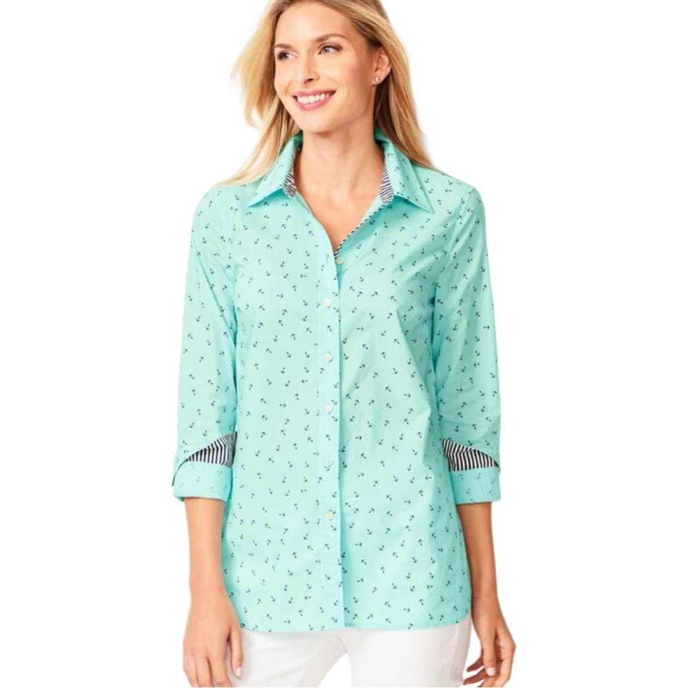 Talbots Long Sleeve Cotton Anchor Nautical Vacation Coastal Button Front Blouse
